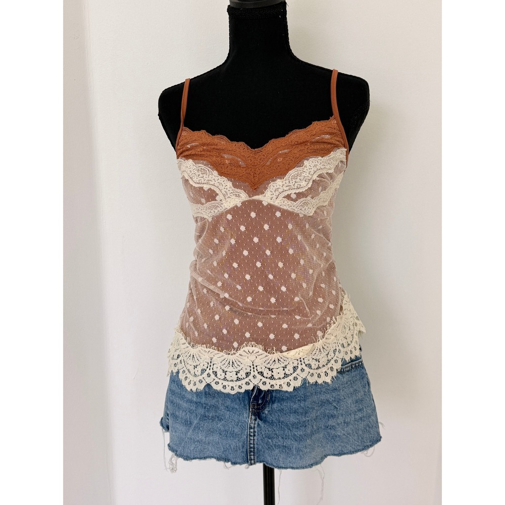 Vintage Style Lace Mesh Polka Dot Camisole Top Brown Cream Sheer Cami Lingerie M